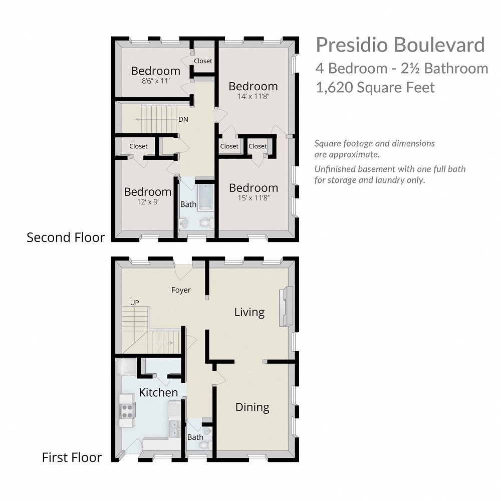 Floor plan for 4 beds, 2.5 baths, 1620 sqft